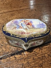 Antique 19th Century Sevres French Handpainted Blue And Gilt Porcelain Box