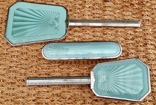 Art Deco Turquoise Dressing Table Set Hair Brush Mirror & Clothes Brush Chrome