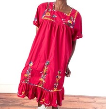 Vintage Mexican Oaxaca Kaftan dress - Red Embroidered  Fit L / 14-16