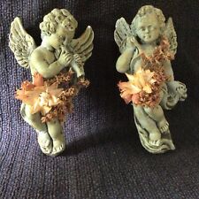 Pair Plaster Green Hanging Cherubs with Dried Flowers Christmas Garden