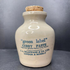 Vintage J A Sharwood & Co LTD Green Label Curry Paste Ceramic Pot with Cork Lid