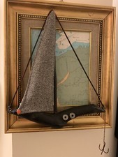 Assemblage Wooden Frame And Handmade Boat With Fishing Hook As An Anchor Made Uk