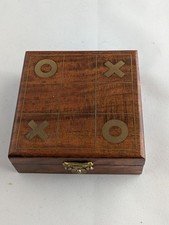 Vintage Tic Tac Toe Game Wooden Box With Gold Painted 10x Pieces Family Game 