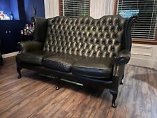 Chesterfield 3 Seater High Back Queen Anne Sofa Antique Green Leather
