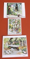 3 Small Watercolour Paintings Pictures Cottage Garden Pond Flowers Colour Devon