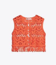 ZARA Orange Macrame Cropped Vest Gilet Waistcoat with Fringing Size L 2142/119