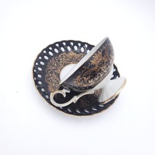 Vintage Lefton Handpainted  Black & Gold Cherub TeaCup & Reticulated Saucer Set 