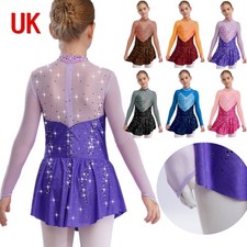 UK Girls Long Sleeve Rhinestone Ballet Dance Figure Ice Skating Dress Dancewear