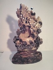 ANTIQUE CHINESE SOAPSTONE CARVED LARGE BRUSH POT FLOWERS & FROG