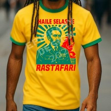 Rastafari Yellow Green Ringer T-Shirt Haile Selassie Bob Marley Jah Rasta D2