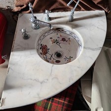 antique Carrara marble wash basin with hand-painted floral design sink bowl