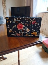Vintage Chinese Stitched Embroidered Black Flowers Clutch Bag Silk