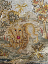 Antique French Needlepoint Tapestry Wall Chair Cover  Lion Motif roughly 30x30cm