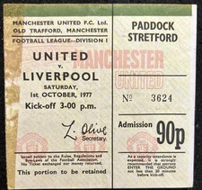 1977 Manchester United V Liverpool Match Ticket Stub 1970s Football Man Utd