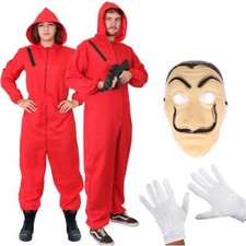 MONEY HEIST ADULTS FANCY DRESS COSTUME RED JUMPSUIT GLOVES MASK HALLOWEEN