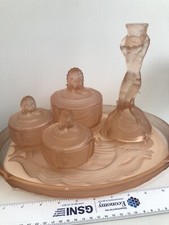 Walther Sohne Full Pink Glass Mermaid Nymphen 7-pc Dressing Table Set Mint