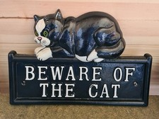 Large Beware Of The Cat Outdoor Wall Ceramic Sign. 27cm 