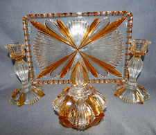 VINTAGE BOHEMIAN AMBER FLASH GLASS DRESSING TABLE SET ~ 1940's-1950's Reg.No.