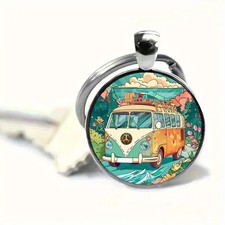 Camper Van Glass Dome Keyring Retro Hippie Travel Adventure Gift Bus