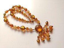 Vintage Amber Foil Glass Bead Necklace Y Drop Tassel Central Stone Necklace