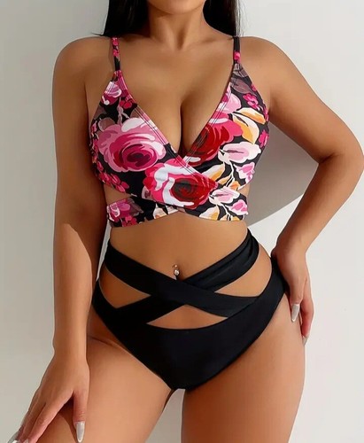 Pink black floral bikini - , v