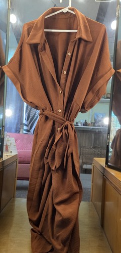 Brown button dress short - button, up