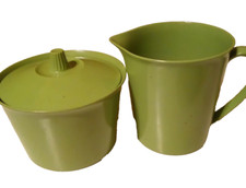 Retro 70s Sugar & Cream Set Olive Green Melamine Camping RVing Camper