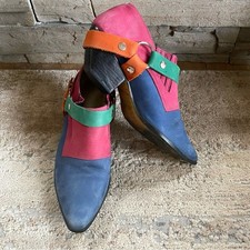 Vintage Cowboy Western Boots Winkle Picker Toe Harness Color Block Nubuck Suede