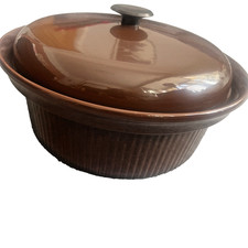 Casserole Dish with Lid Ribbed Design Vintage Brown Glazed Stoneware 30 cm dia