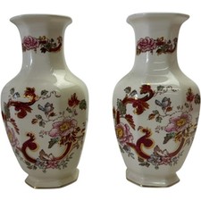 Pair Of Masons Mandalay Red Vases Handpainted Floral Design China
