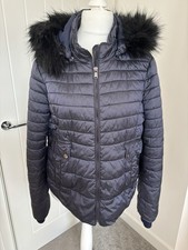 Monsoon Womens Puffer Jacket Size XL Navy Quilted Coat Faux Fur Hood Winter Coat