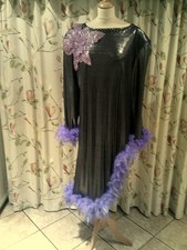 Deluxe Drag Queen Silver Grey 1 sided dress, +Turban Purple feathers 16/18