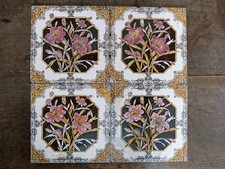 4 Victorian Tiles- Four Antique Transferware Tinted Tiles- S.F. & J. Floral-Plum