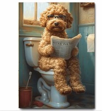 Poodle Dog on Toilet Funny Bathroom Artwork Printed on Metal Sign Waterproof