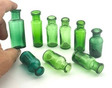 Collection of 9 Small Antique Chemist Poison Green Bottles inc. 3 Leath & Ross
