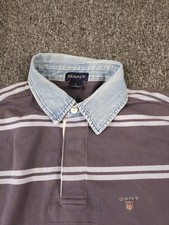 Gant Rugby Top Large Grey with Blue Stripe Denim Collar