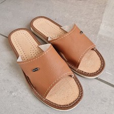 Women's Genuine Leather Slippers Open Toe Real Leather Mules Slip On Brown Color