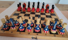 Vintage Cold War USSR/USA Russia/America hand-painted wood chess set in boxboard