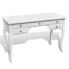 Desk White MDF & Pine 120.2x47x79.1cm Antique French Style Curved Legs 5 Drawers