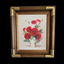 Vtg Framed Oil Painting Poppies Shasta Daisies Signed Roberts Wood Brass 12 x 14