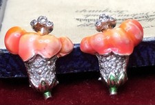 Vintage Signed BJL Trumpet Vine Flowers Enamel & Crystal Clip On Earrings