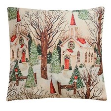 Christmas Churchyard Trees Cushion Cover Red Green Soft Canvas Thick 18" - 45cm