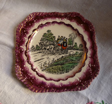 Grays Pottery Pink Lustre Cake Plate Coaching Scenes 1930s Sunderland Ware