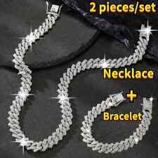 Miami Silver Cuban HipHop Link Chain Iced Necklace & Bracelet Plated Jewelry Set