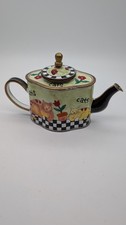 Trade Aid Hand Painted Teapot – Cats Design, Checkerboard Border, No. 2621 UK