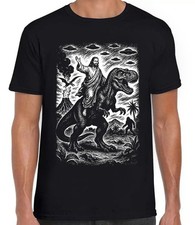 Jesus Riding Dinosaur UFO Bigfoot Volcano Weird Funny Black Gift Tee T Shirt 440