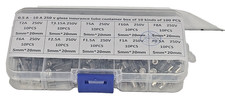 0.5 A - 10 A 250 v Glass Insurance Tube Container Box of 10 Kinds of 100 Pieces.