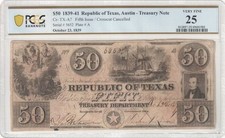 1839-41 $50 Republic of Texas, Austin Treasury Note - PCGS VF25 Cr- TX-A7