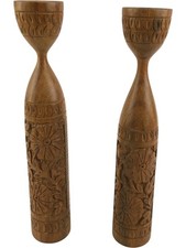 Wooden Carved Candle Holders Floral Design 26cm Pair Decorative Vintage