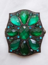 Vintage Compact Double Mirror With Emerald Green Glass Stones To Front.